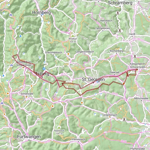 Karten-Miniaturansicht der Radinspiration "Gravel Tour über Triberg und Schonach im Schwarzwald" in Freiburg, Germany. Erstellt vom Tarmacs.app-Routenplaner für Radtouren