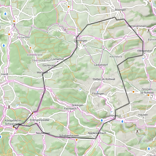 Karten-Miniaturansicht der Radinspiration "Road Tour durch Niedereschach und Villingendorf" in Freiburg, Germany. Erstellt vom Tarmacs.app-Routenplaner für Radtouren
