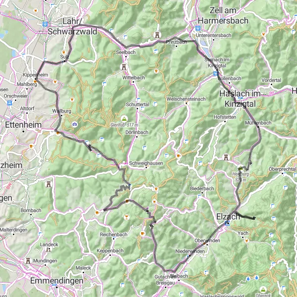 Karten-Miniaturansicht der Radinspiration "Tour um Lahr und Schwarzwald" in Freiburg, Germany. Erstellt vom Tarmacs.app-Routenplaner für Radtouren