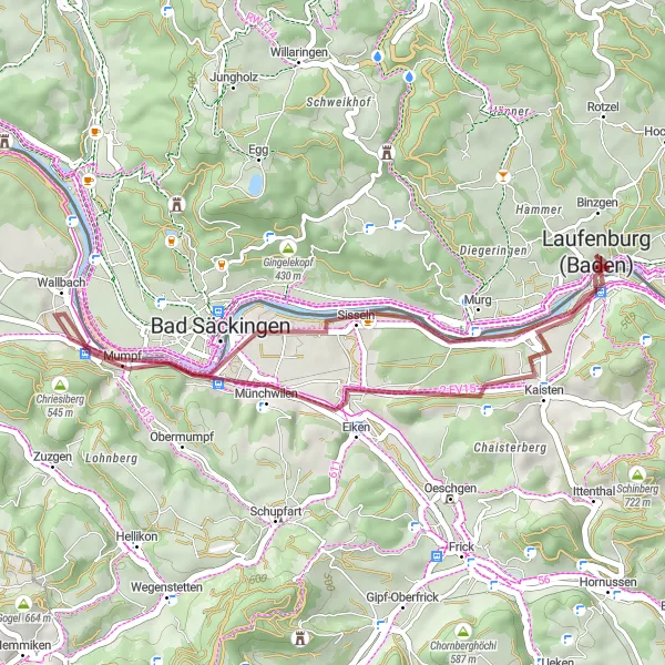 Map miniature of "The Gravel Gem" cycling inspiration in Freiburg, Germany. Generated by Tarmacs.app cycling route planner