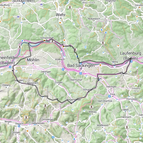 Map miniature of "Laufenburg Scenic Road Trip" cycling inspiration in Freiburg, Germany. Generated by Tarmacs.app cycling route planner