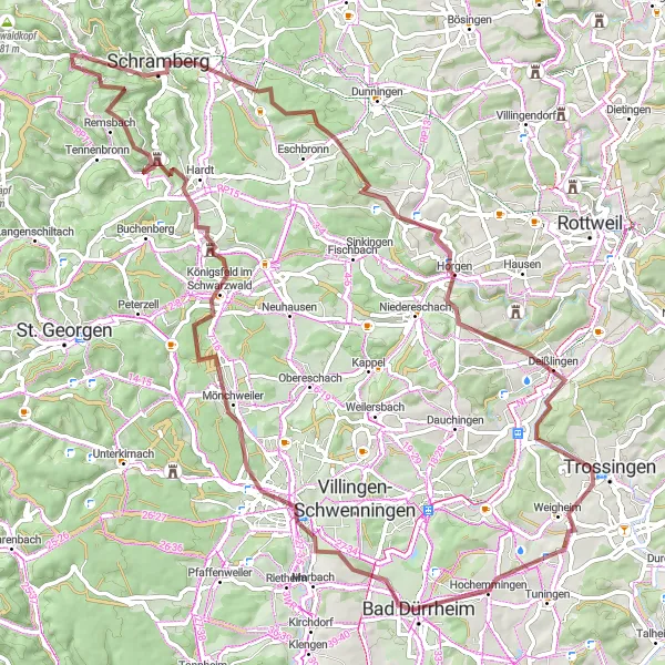 Map miniature of "Challenging Gravel Route in the Black Forest" cycling inspiration in Freiburg, Germany. Generated by Tarmacs.app cycling route planner