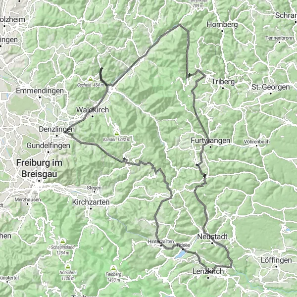 Karten-Miniaturansicht der Radinspiration "Alpenüberquerung von Lenzkirch nach Neustadt" in Freiburg, Germany. Erstellt vom Tarmacs.app-Routenplaner für Radtouren