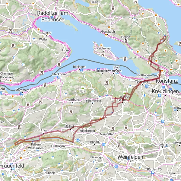 Karten-Miniaturansicht der Radinspiration "Rundtour um den Untersee über Frauenfeld" in Freiburg, Germany. Erstellt vom Tarmacs.app-Routenplaner für Radtouren