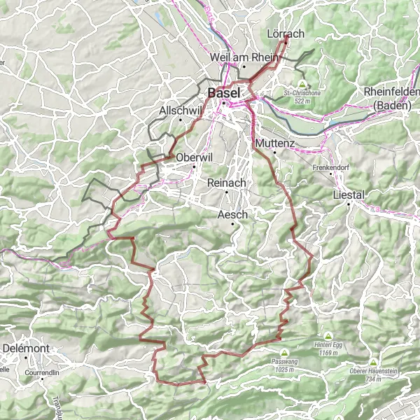 Map miniature of "The Gravel Adventure" cycling inspiration in Freiburg, Germany. Generated by Tarmacs.app cycling route planner