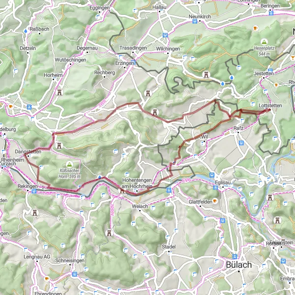 Map miniature of "Scenic Gravel Ride: Schneehenberg to Dettighofen" cycling inspiration in Freiburg, Germany. Generated by Tarmacs.app cycling route planner