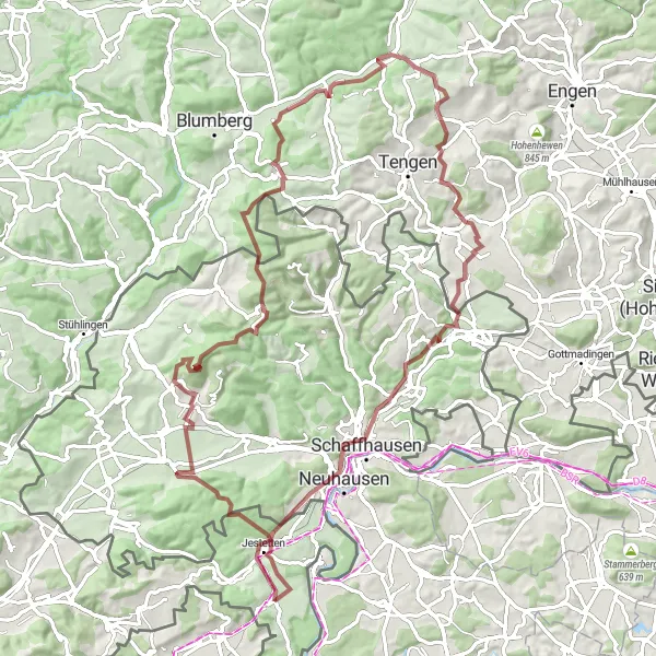 Map miniature of "Gravel Adventure: Lottstetten to Balm" cycling inspiration in Freiburg, Germany. Generated by Tarmacs.app cycling route planner