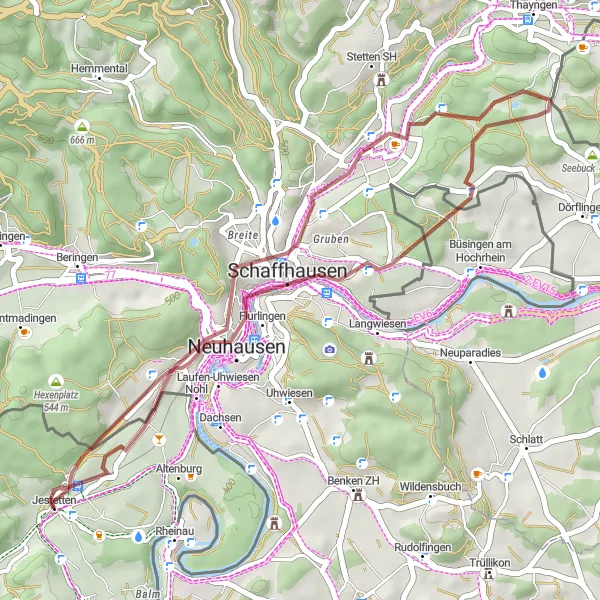 Map miniature of "Jestetten Gravel Escape" cycling inspiration in Freiburg, Germany. Generated by Tarmacs.app cycling route planner