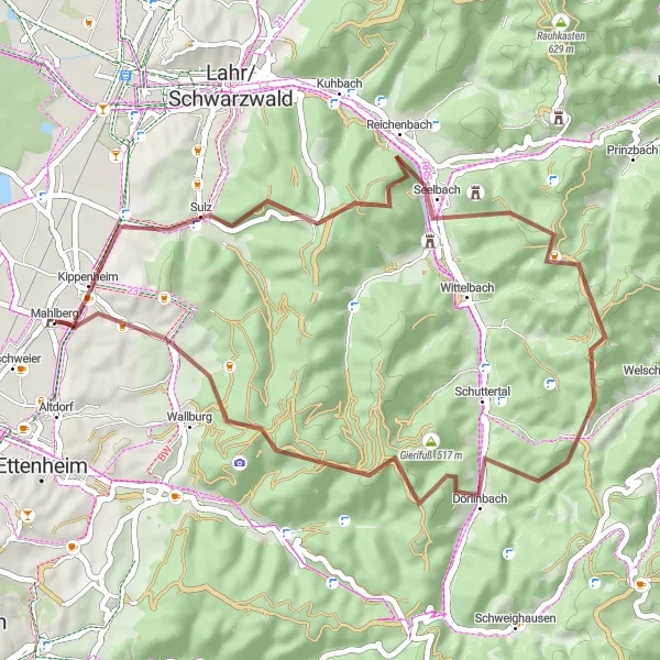 Map miniature of "Kippenheim - Lauenberg - Schmieheim - Kippenheim" cycling inspiration in Freiburg, Germany. Generated by Tarmacs.app cycling route planner