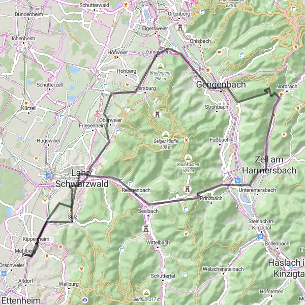 Map miniature of "Lahr/Schwarzwald - Mietersheim - Hohengeroldseck - Lahr/Schwarzwald" cycling inspiration in Freiburg, Germany. Generated by Tarmacs.app cycling route planner