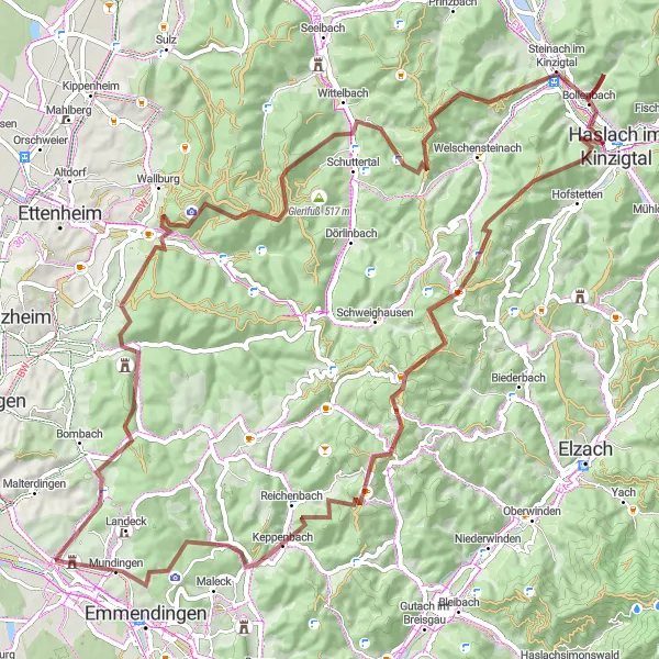 Map miniature of "Malterdingen-Fronberg-Kirnburg-Schindlenbühl-Wittelbach-Birkenstein-Haslach im Kinzigtal-Kohlhütte-Hünersedel-Eichbergturm-Bürgle-Malterdingen" cycling inspiration in Freiburg, Germany. Generated by Tarmacs.app cycling route planner