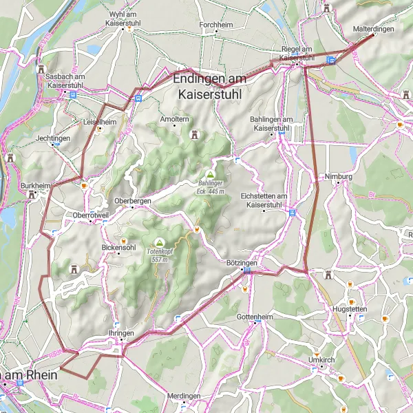 Map miniature of "Kaiserstuhl Loop Gravel Ride" cycling inspiration in Freiburg, Germany. Generated by Tarmacs.app cycling route planner