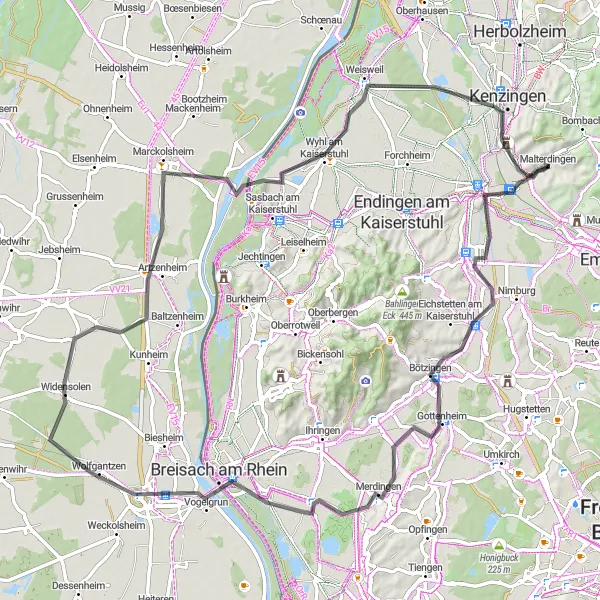 Map miniature of "Kaiserstuhl Adventure Road Cycling Tour" cycling inspiration in Freiburg, Germany. Generated by Tarmacs.app cycling route planner