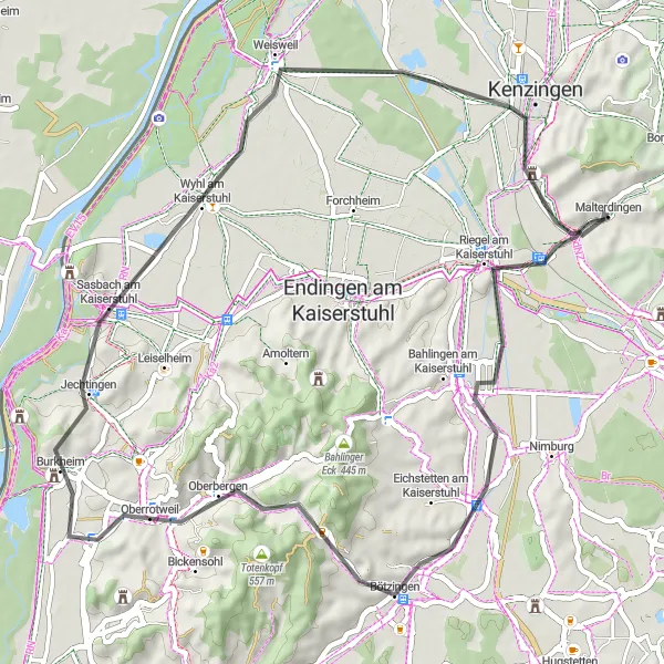 Map miniature of "Kaiserstuhl Circuit" cycling inspiration in Freiburg, Germany. Generated by Tarmacs.app cycling route planner