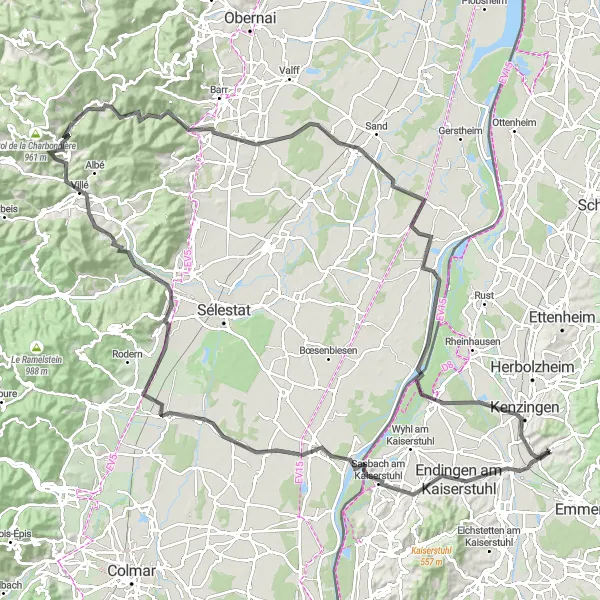 Map miniature of "Alsace Wine Route Bike Tour" cycling inspiration in Freiburg, Germany. Generated by Tarmacs.app cycling route planner