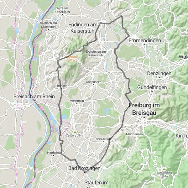Map miniature of "Malterdingen-Teningen-Nimberg-Ebringen-Batzenberg-Alte Schutte-Ihringen-Panoramatafel-Riegel am Kaiserstuhl-Malterdingen" cycling inspiration in Freiburg, Germany. Generated by Tarmacs.app cycling route planner