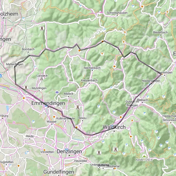 Map miniature of "Breisgau Escape Road Ride" cycling inspiration in Freiburg, Germany. Generated by Tarmacs.app cycling route planner