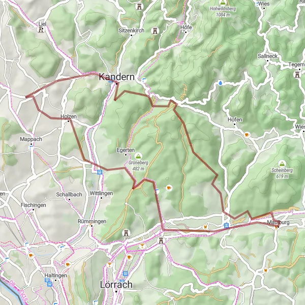 Map miniature of "Gravel Adventure to Maulburg Forest" cycling inspiration in Freiburg, Germany. Generated by Tarmacs.app cycling route planner