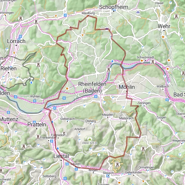 Map miniature of "Gravel Route through Hohe Flum and Ergolz-Wasserfall" cycling inspiration in Freiburg, Germany. Generated by Tarmacs.app cycling route planner