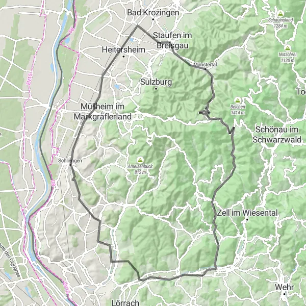 Map miniature of "Ride the Scenic Routes to Staufen im Breisgau" cycling inspiration in Freiburg, Germany. Generated by Tarmacs.app cycling route planner