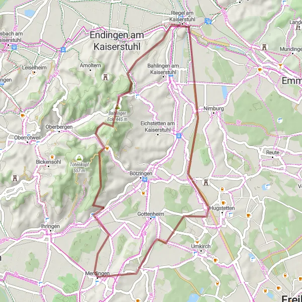 Map miniature of "Kaiserstuhl Gravel Adventure" cycling inspiration in Freiburg, Germany. Generated by Tarmacs.app cycling route planner