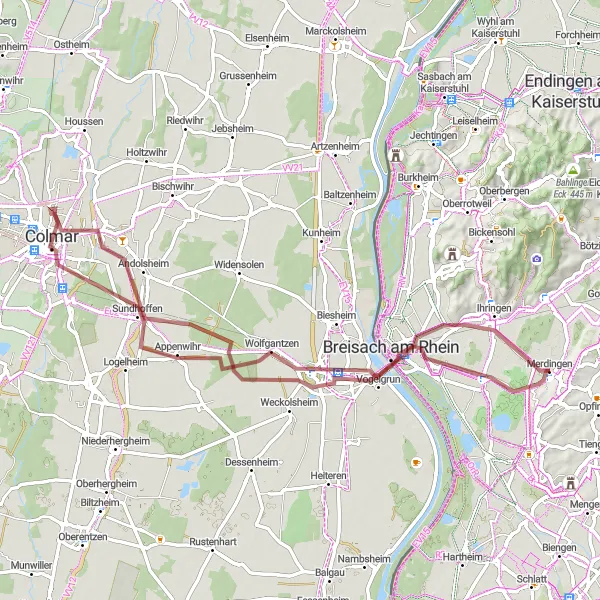 Map miniature of "Colmar and Breisach Gravel Tour" cycling inspiration in Freiburg, Germany. Generated by Tarmacs.app cycling route planner