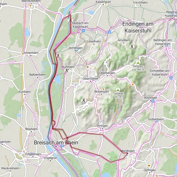 Karten-Miniaturansicht der Radinspiration "Entdeckungsreise entlang der Weinberge von Ihringen nach Hochstetten" in Freiburg, Germany. Erstellt vom Tarmacs.app-Routenplaner für Radtouren