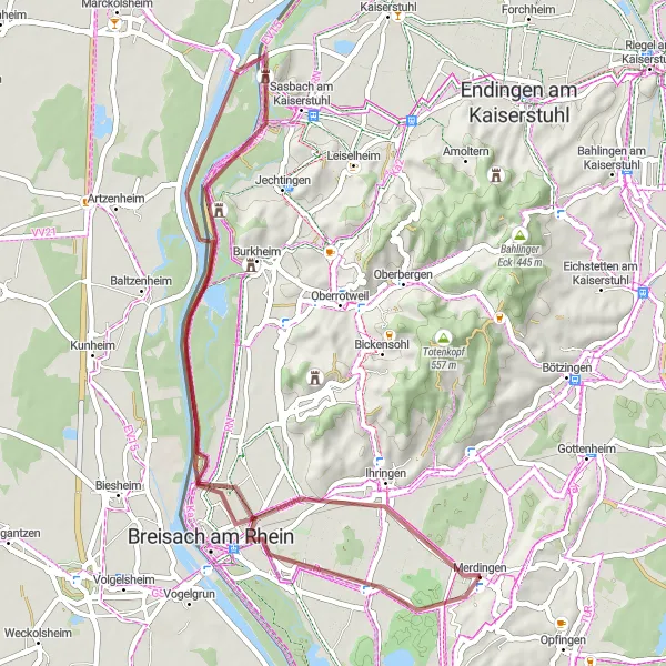 Map miniature of "Vineyards and Castles Gravel Loop" cycling inspiration in Freiburg, Germany. Generated by Tarmacs.app cycling route planner