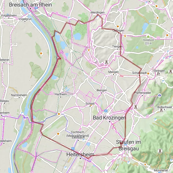 Karten-Miniaturansicht der Radinspiration "Gravelabenteuer von Pfaffenweiler nach Gündlingen" in Freiburg, Germany. Erstellt vom Tarmacs.app-Routenplaner für Radtouren