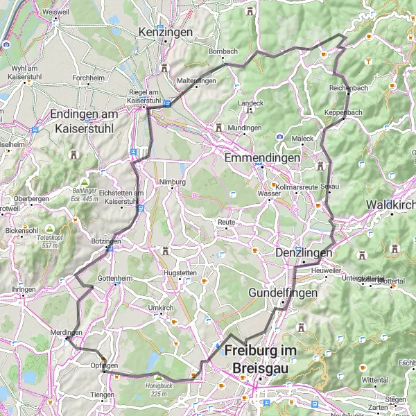 Karten-Miniaturansicht der Radinspiration "Kaiserstuhl-Rundkurs von Merdingen" in Freiburg, Germany. Erstellt vom Tarmacs.app-Routenplaner für Radtouren