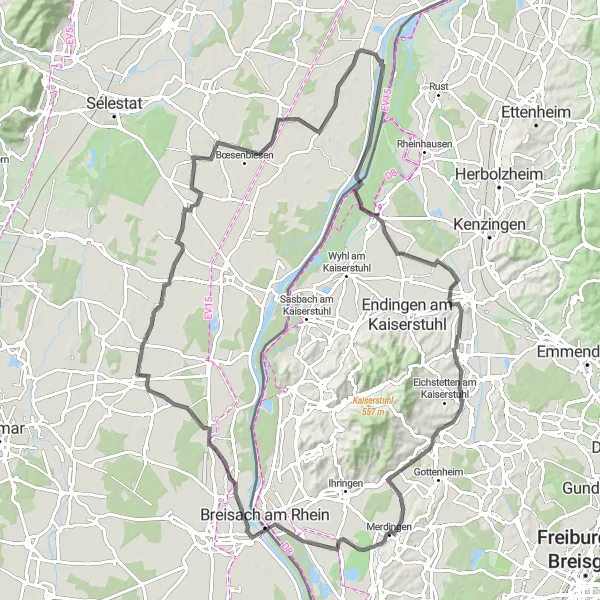 Karten-Miniaturansicht der Radinspiration "Entlang des Rheins und durch malerische Dörfer" in Freiburg, Germany. Erstellt vom Tarmacs.app-Routenplaner für Radtouren
