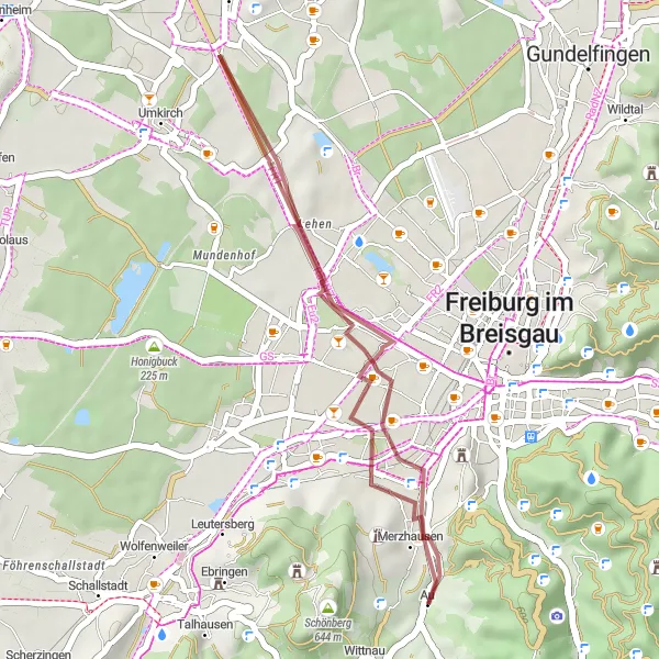Karten-Miniaturansicht der Radinspiration "Gravel-Abenteuer durch Vauban und Hildaturm" in Freiburg, Germany. Erstellt vom Tarmacs.app-Routenplaner für Radtouren