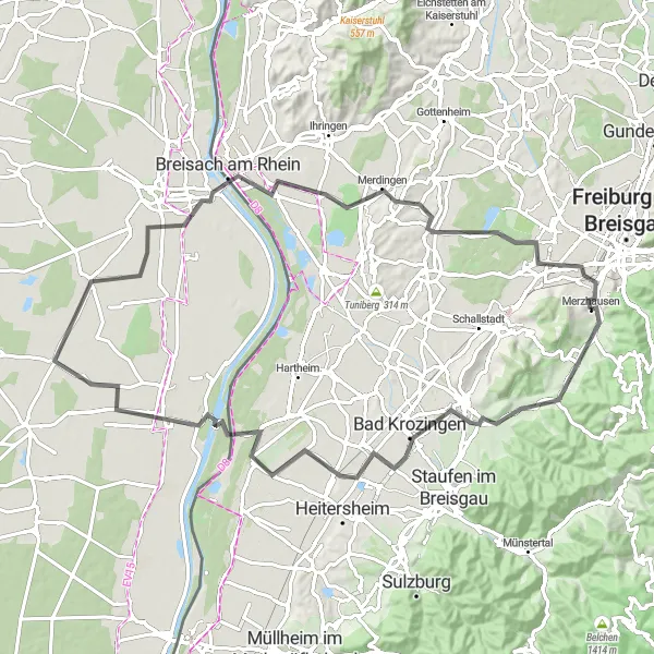 Karten-Miniaturansicht der Radinspiration "Weinlandtour durch Bad Krozingen und Breisach" in Freiburg, Germany. Erstellt vom Tarmacs.app-Routenplaner für Radtouren
