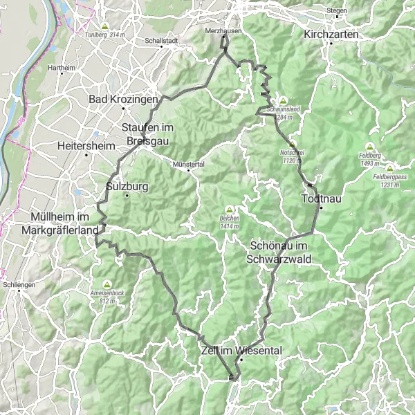 Karten-Miniaturansicht der Radinspiration "Schwarzwald Rundfahrt" in Freiburg, Germany. Erstellt vom Tarmacs.app-Routenplaner für Radtouren