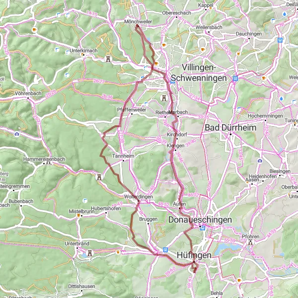 Karten-Miniaturansicht der Radinspiration "Rundstrecke von Mönchweiler nach Donaueschingen" in Freiburg, Germany. Erstellt vom Tarmacs.app-Routenplaner für Radtouren