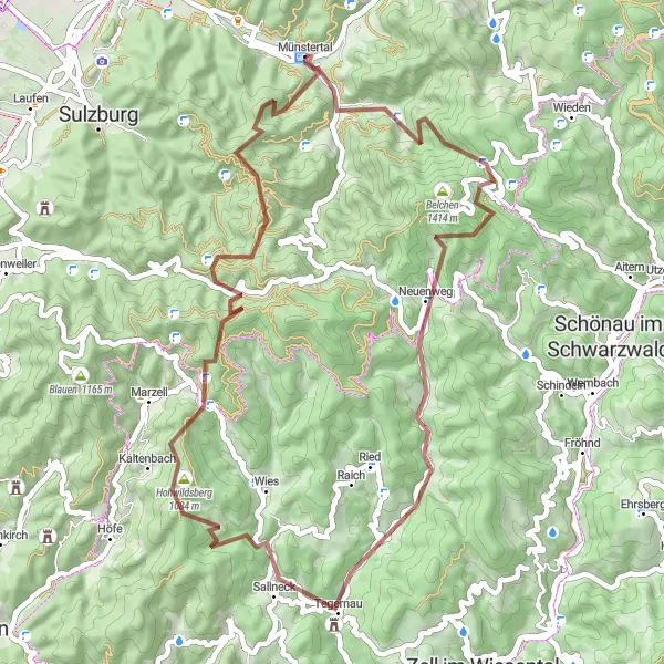 Map miniature of "Raukopf Gravel Adventure" cycling inspiration in Freiburg, Germany. Generated by Tarmacs.app cycling route planner