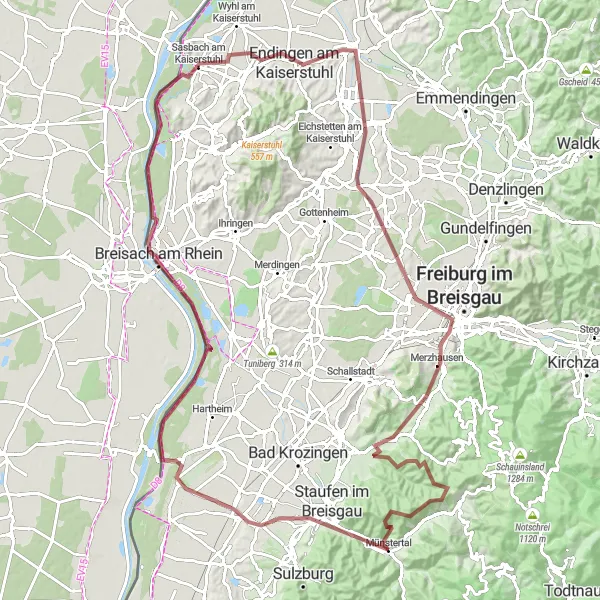 Map miniature of "Kaiserstuhl Gravel Odyssey" cycling inspiration in Freiburg, Germany. Generated by Tarmacs.app cycling route planner