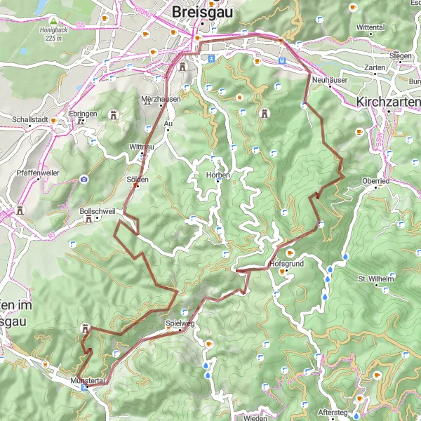 Map miniature of "The Gravel Rollercoaster" cycling inspiration in Freiburg, Germany. Generated by Tarmacs.app cycling route planner