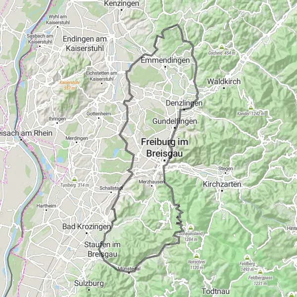 Map miniature of "The Schwarzwald Road Loop" cycling inspiration in Freiburg, Germany. Generated by Tarmacs.app cycling route planner