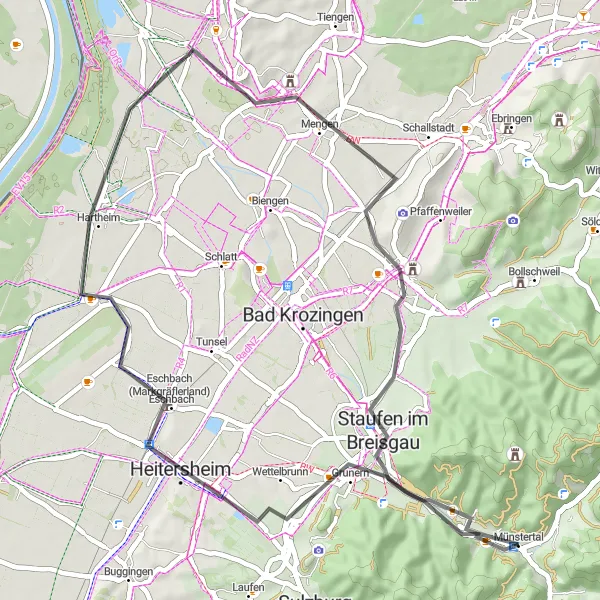 Karten-Miniaturansicht der Radinspiration "Markgräflerland Hügel-Hopser" in Freiburg, Germany. Erstellt vom Tarmacs.app-Routenplaner für Radtouren