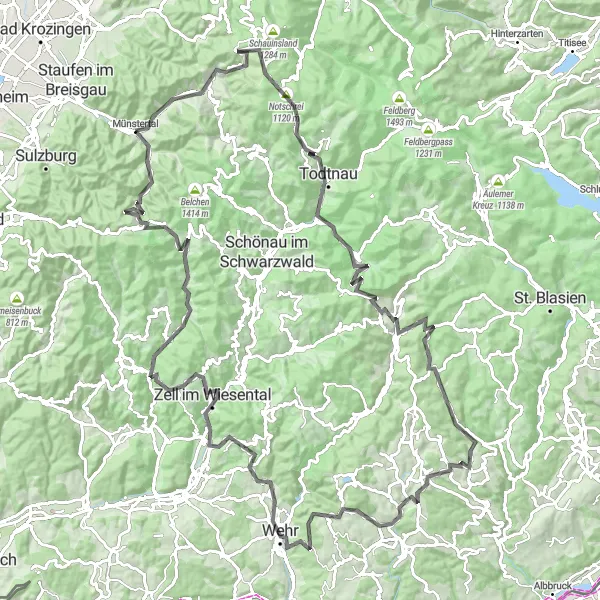 Map miniature of "The Black Forest Grand Tour" cycling inspiration in Freiburg, Germany. Generated by Tarmacs.app cycling route planner