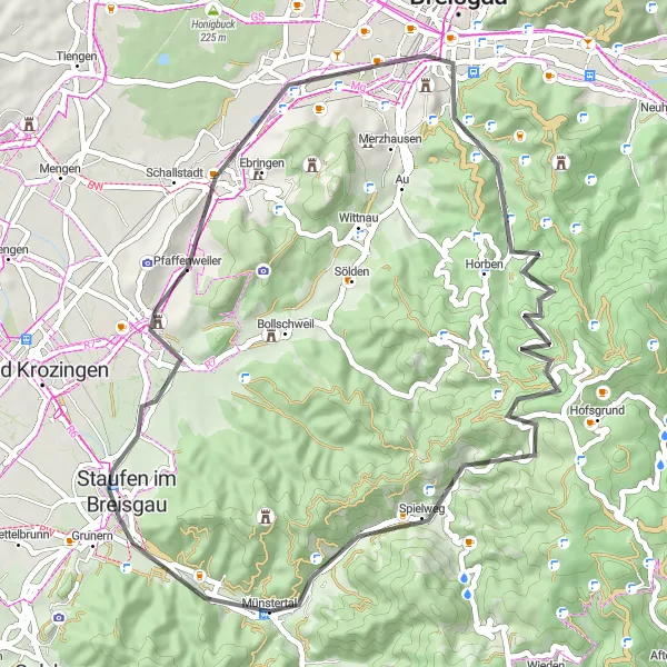 Karten-Miniaturansicht der Radinspiration "Die Panoramastrecke von Münstertal nach Staufen" in Freiburg, Germany. Erstellt vom Tarmacs.app-Routenplaner für Radtouren