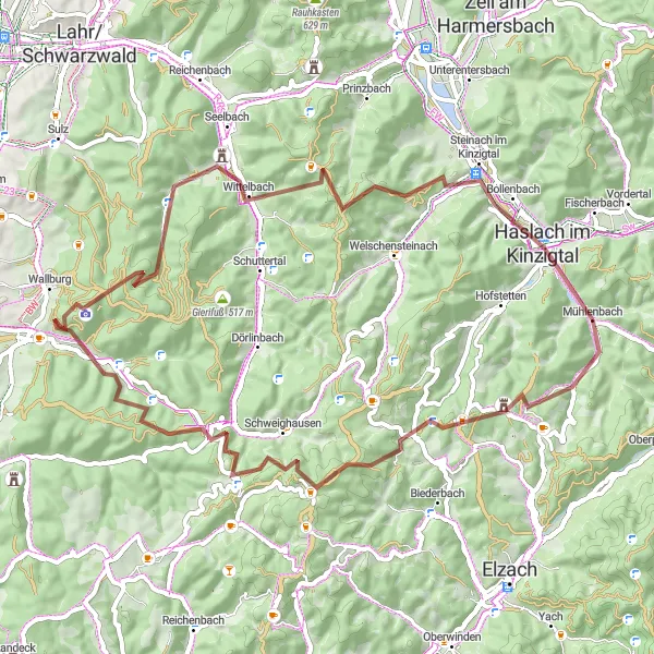 Map miniature of "Mühlenbach Adventure" cycling inspiration in Freiburg, Germany. Generated by Tarmacs.app cycling route planner
