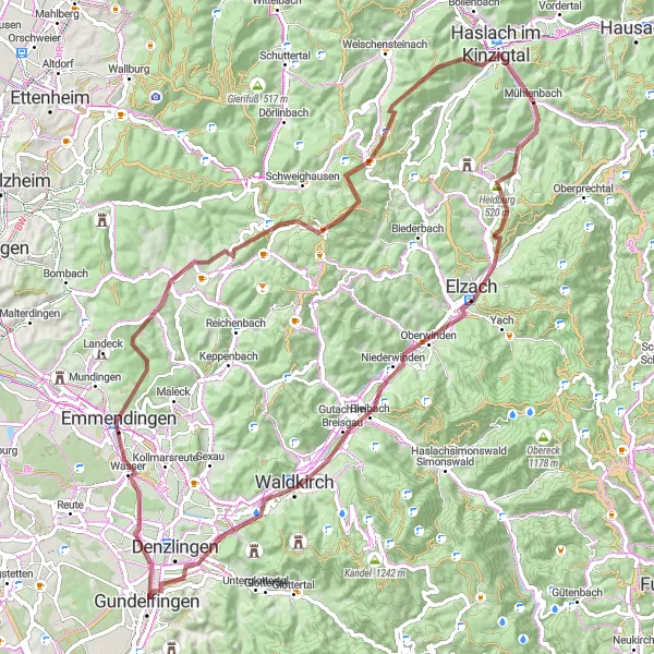 Map miniature of "Elzach and Beyond Gravel Loop" cycling inspiration in Freiburg, Germany. Generated by Tarmacs.app cycling route planner