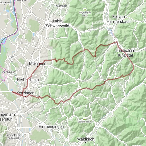 Karten-Miniaturansicht der Radinspiration "Gravel Tour nach Herbolzheim und Haslach im Kinzigtal" in Freiburg, Germany. Erstellt vom Tarmacs.app-Routenplaner für Radtouren