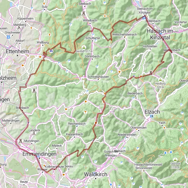 Map miniature of "Gravel Paradise" cycling inspiration in Freiburg, Germany. Generated by Tarmacs.app cycling route planner