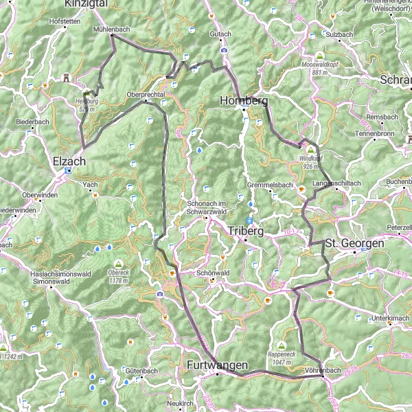 Map miniature of "Roads to Hornberg" cycling inspiration in Freiburg, Germany. Generated by Tarmacs.app cycling route planner