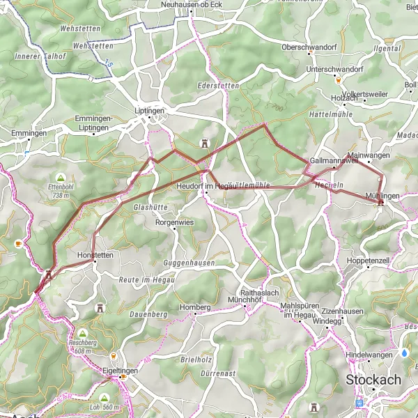 Karten-Miniaturansicht der Radinspiration "Gravel-Tour um Mühlingen" in Freiburg, Germany. Erstellt vom Tarmacs.app-Routenplaner für Radtouren