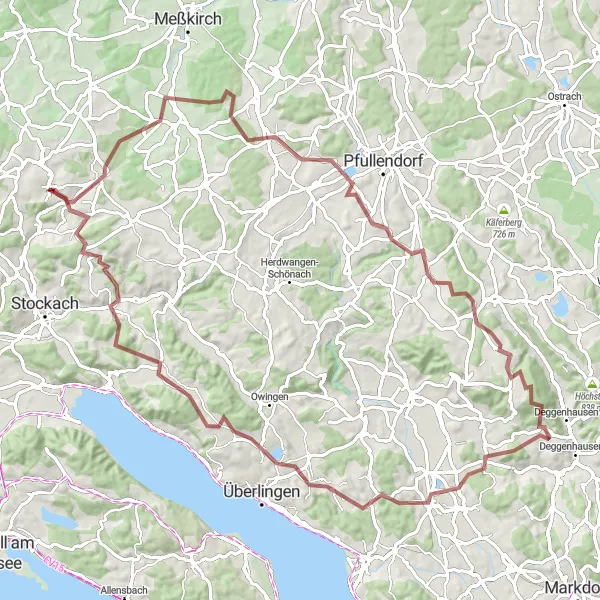 Karten-Miniaturansicht der Radinspiration "Hügeliges Gravel-Biking rund um Mühlingen" in Freiburg, Germany. Erstellt vom Tarmacs.app-Routenplaner für Radtouren