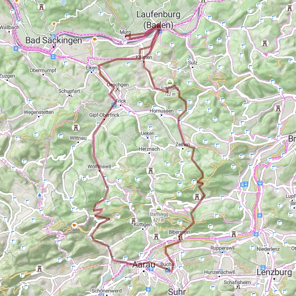 Karten-Miniaturansicht der Radinspiration "Murg - Gravel Challenge durch das Aargauer Land" in Freiburg, Germany. Erstellt vom Tarmacs.app-Routenplaner für Radtouren